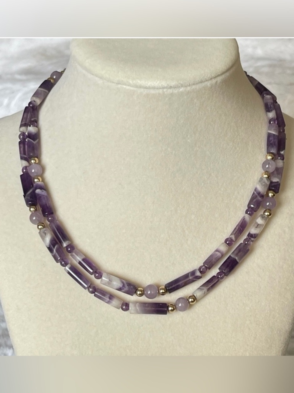 30” Purple Amethyst Beaded Necklace Gold Tone Accent Beads